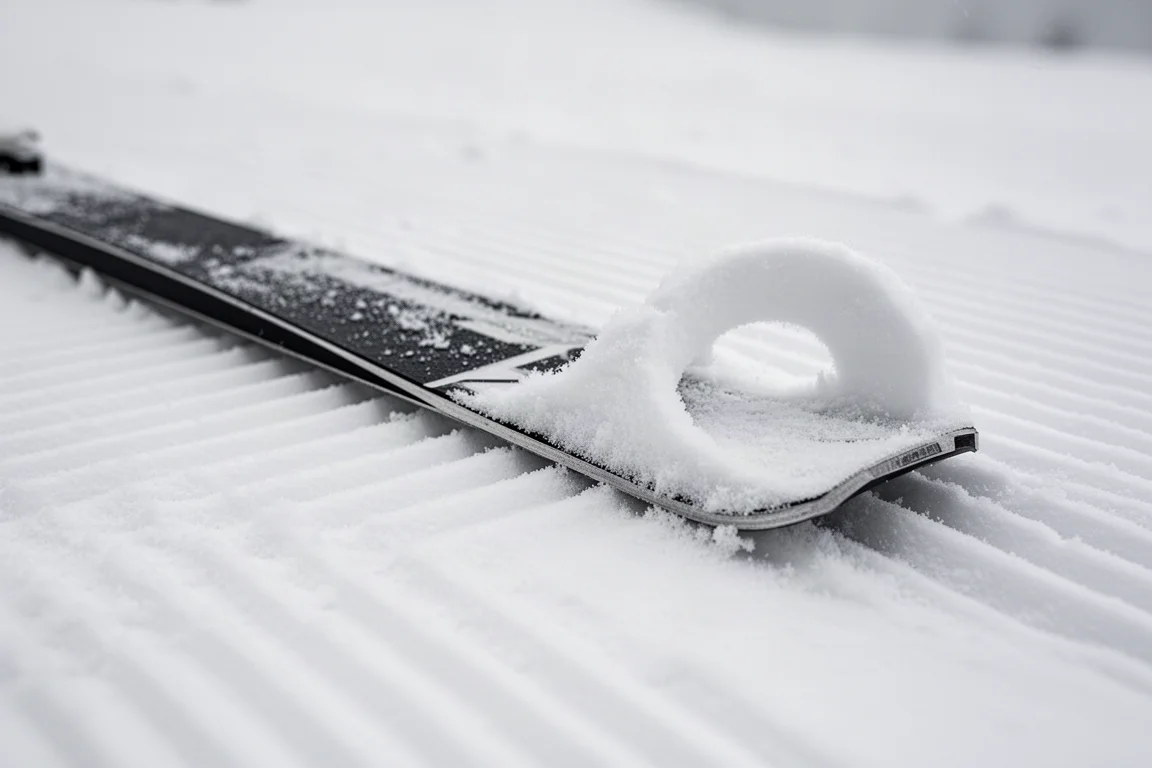 Détail rapproché d'une carre et d'une semelle de ski posées sur neige damée ferme