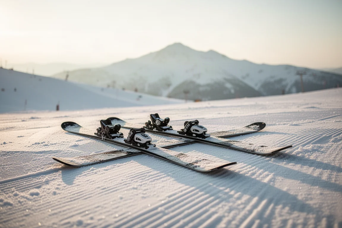 Paire de skis all-mountain posée sur la neige damée d'une station au lever du soleil