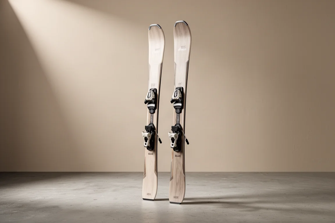 Paire de skis all-mountain de teinte claire dressés verticalement sur une surface de béton mat