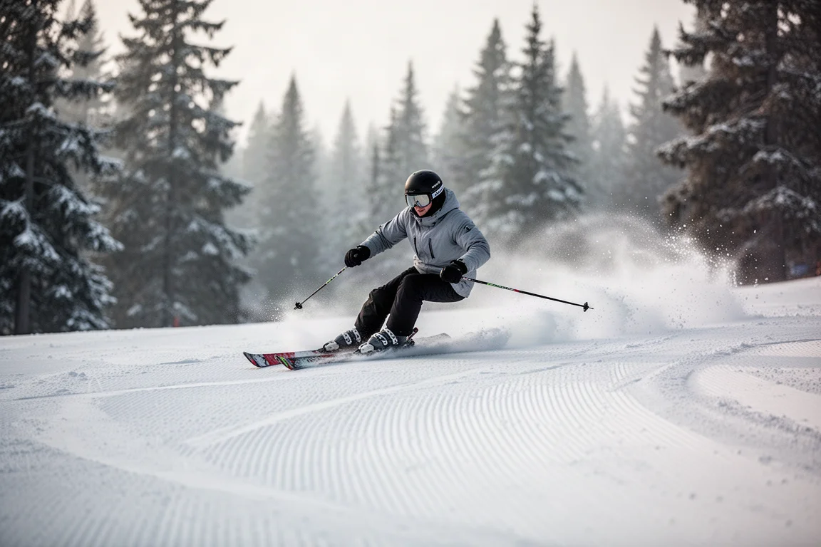 Skier carving a turn on a groomed resort run with snow spray behind the skis