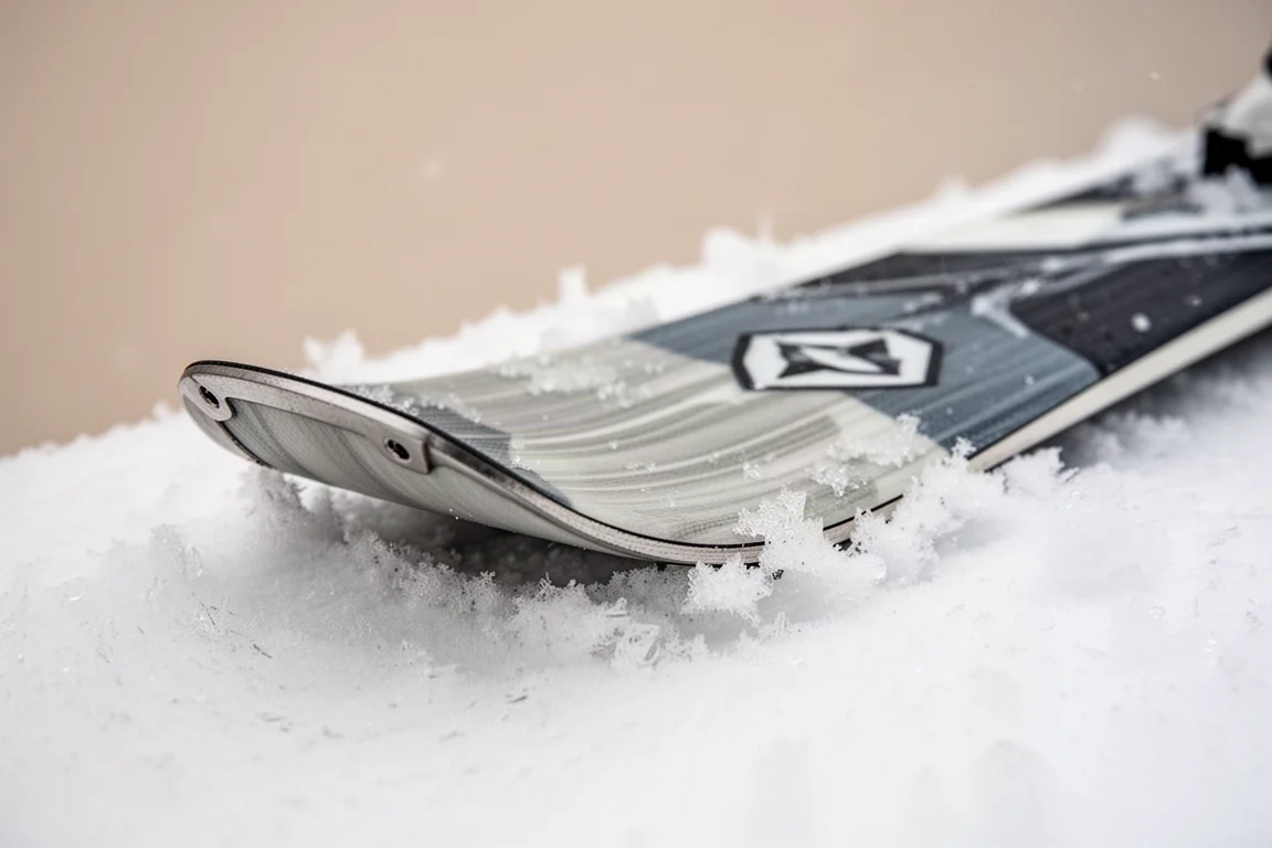Close-up of a ski tail resting in snow showing top sheet, edge and sidewall detail