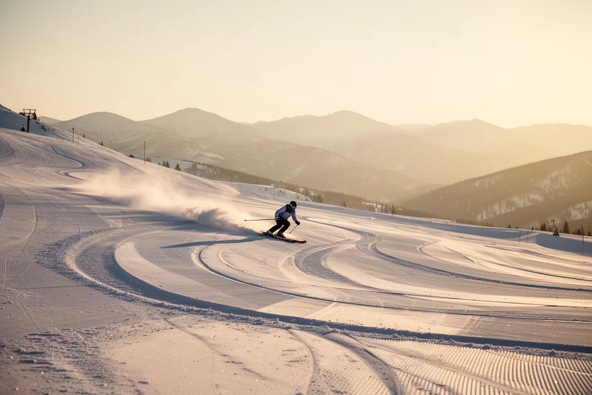 Wide view of a skier linking long sweeping turns across an open groomed slope