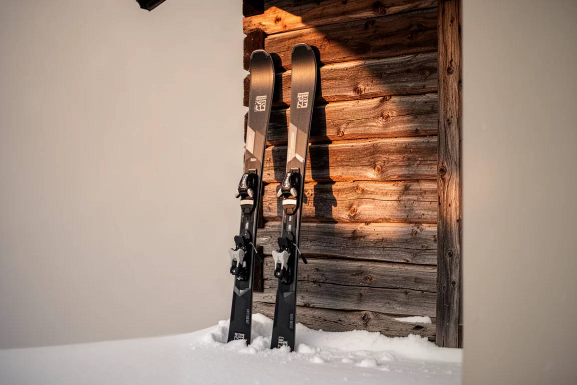 Pair of all-mountain skis leaning against a wooden lodge wall at the end of the day