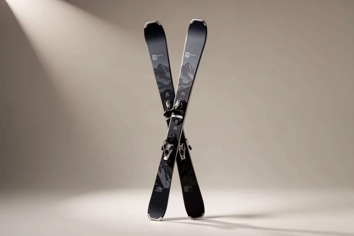 Pair of women's all-mountain skis with a 94 mm waist standing upright on a neutral backdrop