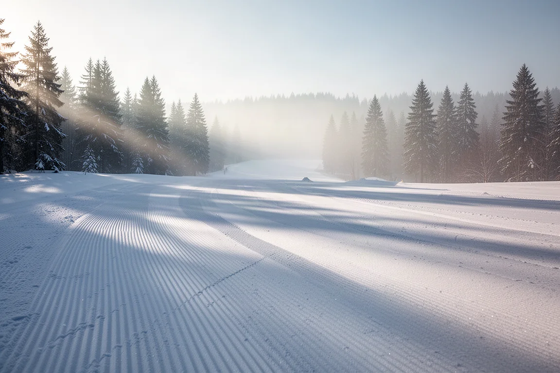 Freshly groomed piste at first light with corduroy lines and long shadows