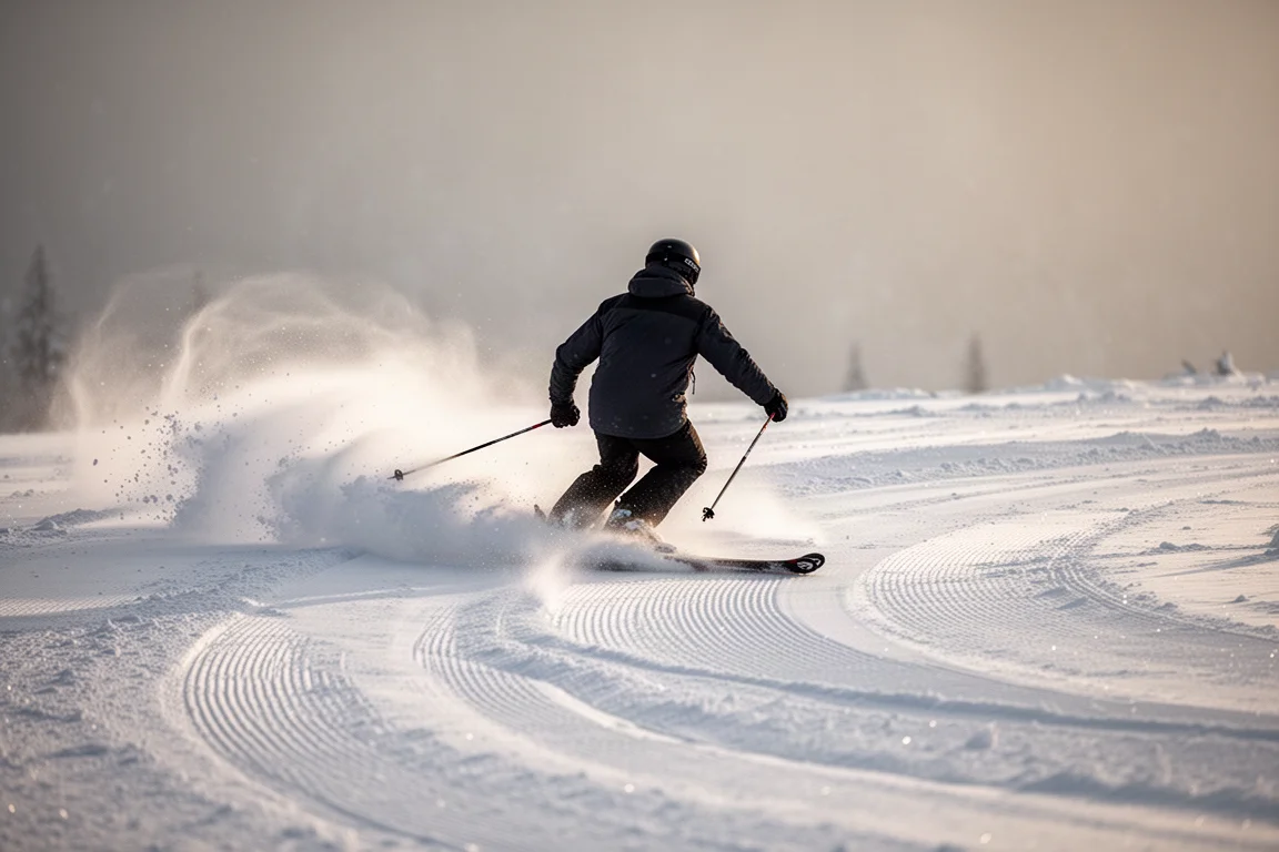 Skier arcing a carved turn on firm groomed snow with snow spray behind