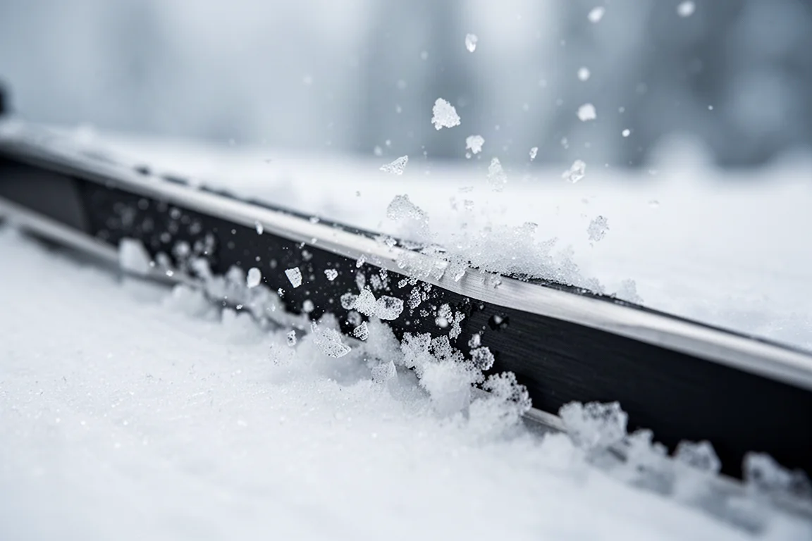 Close-up of a ski edge biting into firm groomed snow with ice crystals
