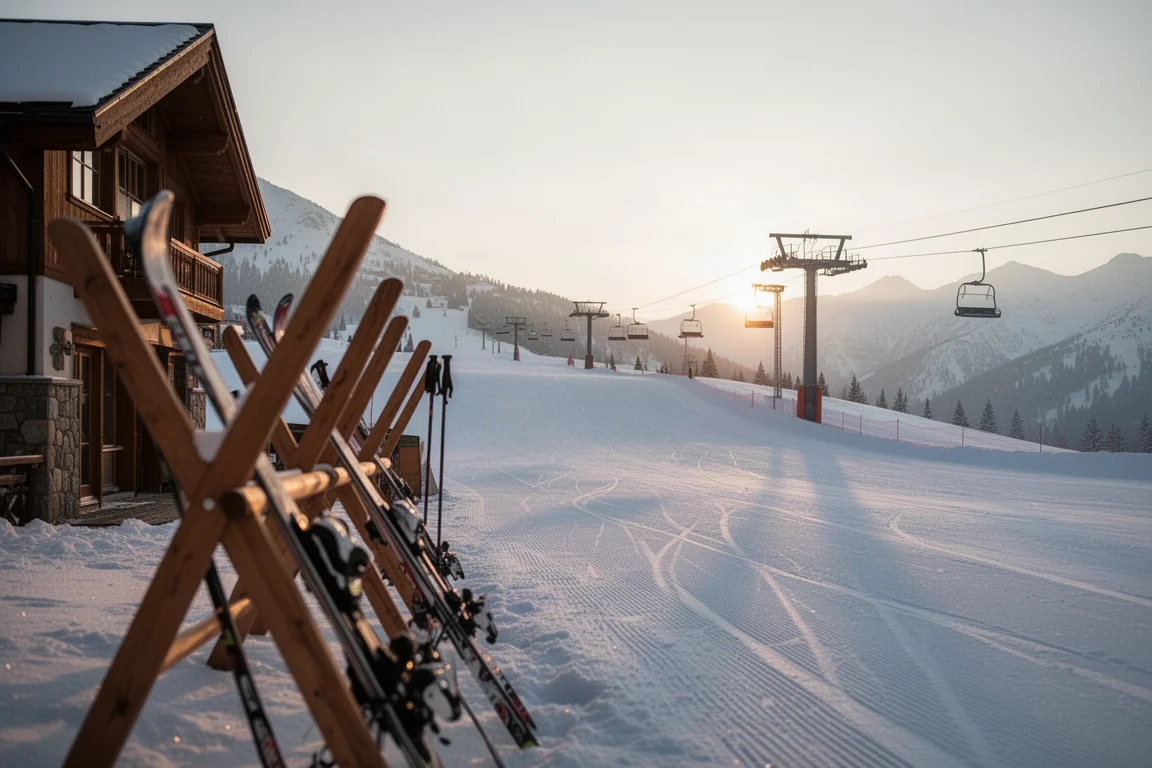 Empty groomed ski run at dawn seen past a wooden ski rack at a lodge