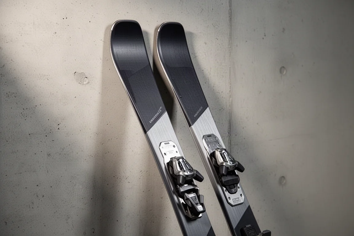 Race-oriented frontside alpine skis leaning against a matte concrete wall