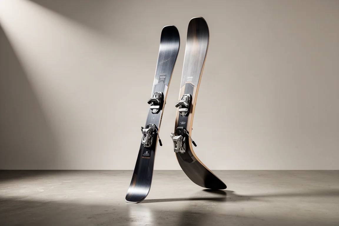 Pair of wide-bodied frontside carving skis standing upright on a concrete floor