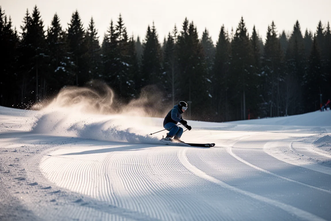 Skier carving a long clean arc across freshly groomed corduroy snow in morning light