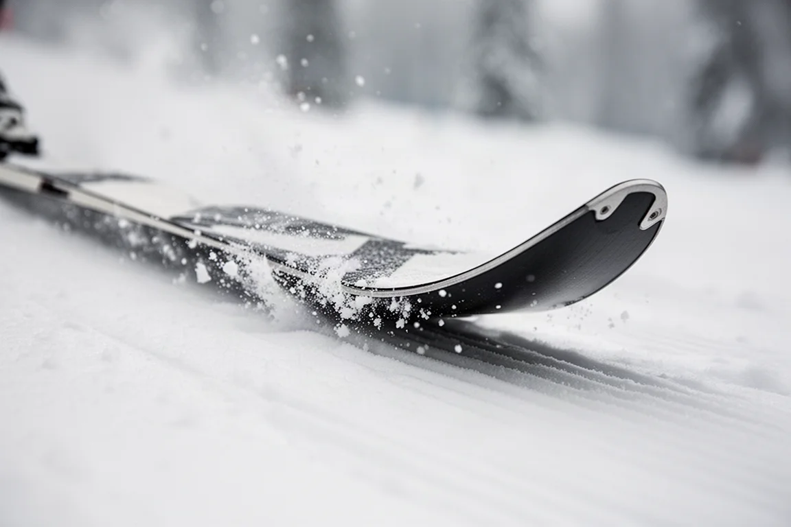Close-up of a ski edge biting into firm groomed snow at a high edge angle