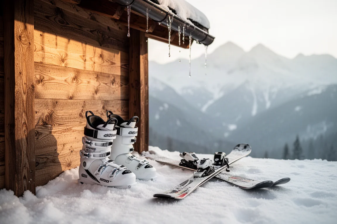 Ski boots and skis resting on packed snow beside a wooden alpine lodge
