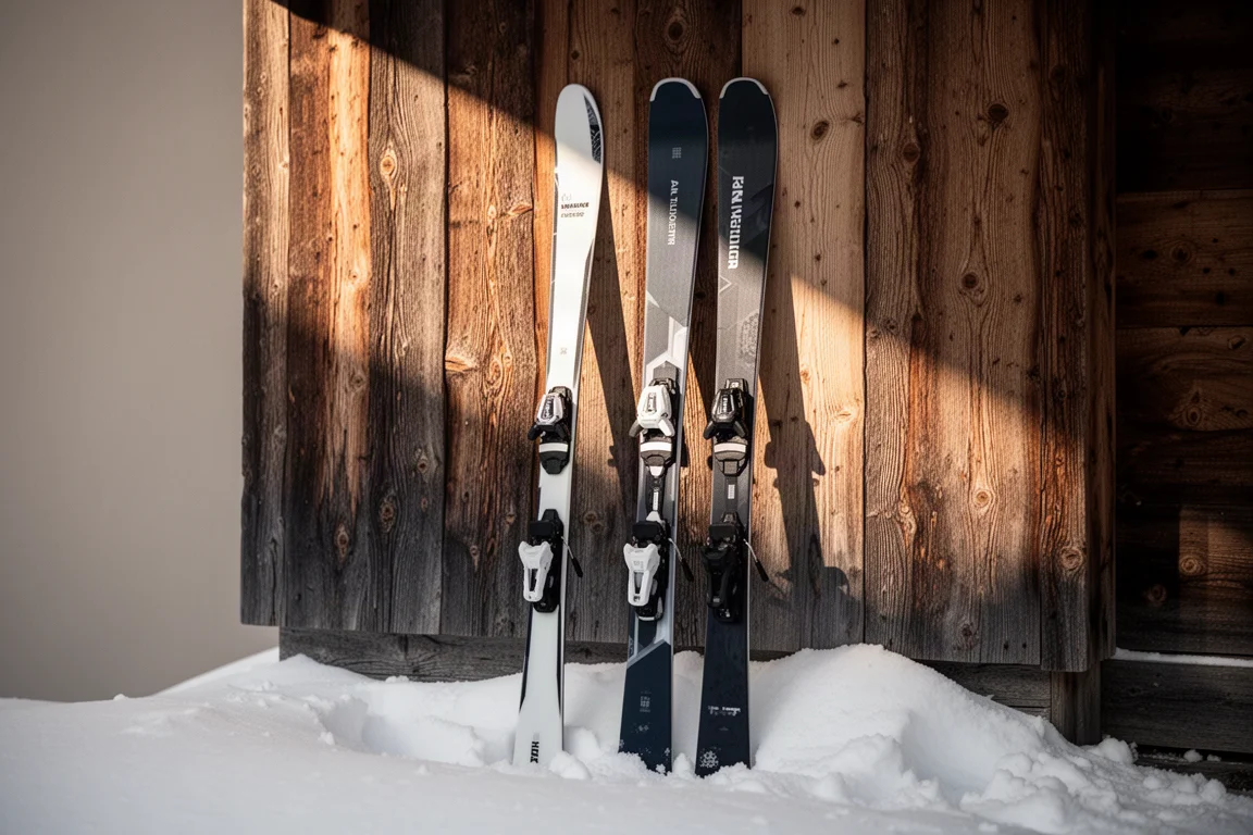 Two pairs of skis leaning against a wooden lodge wall in afternoon light