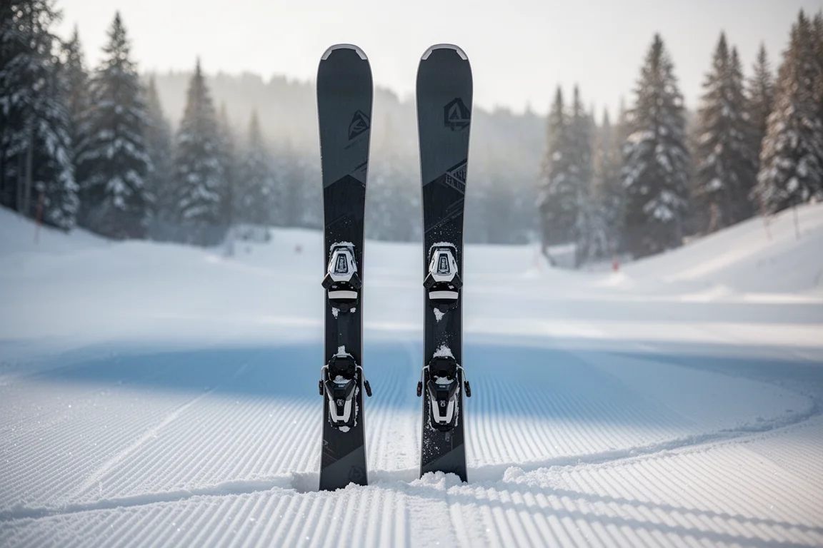 Pair of frontside all-mountain skis standing upright in groomed snow on an alpine run