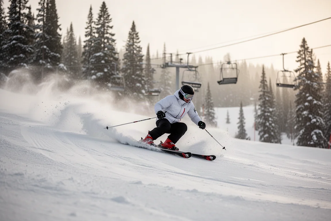 Advanced skier carving a deep turn on a groomed frontside piste in morning light