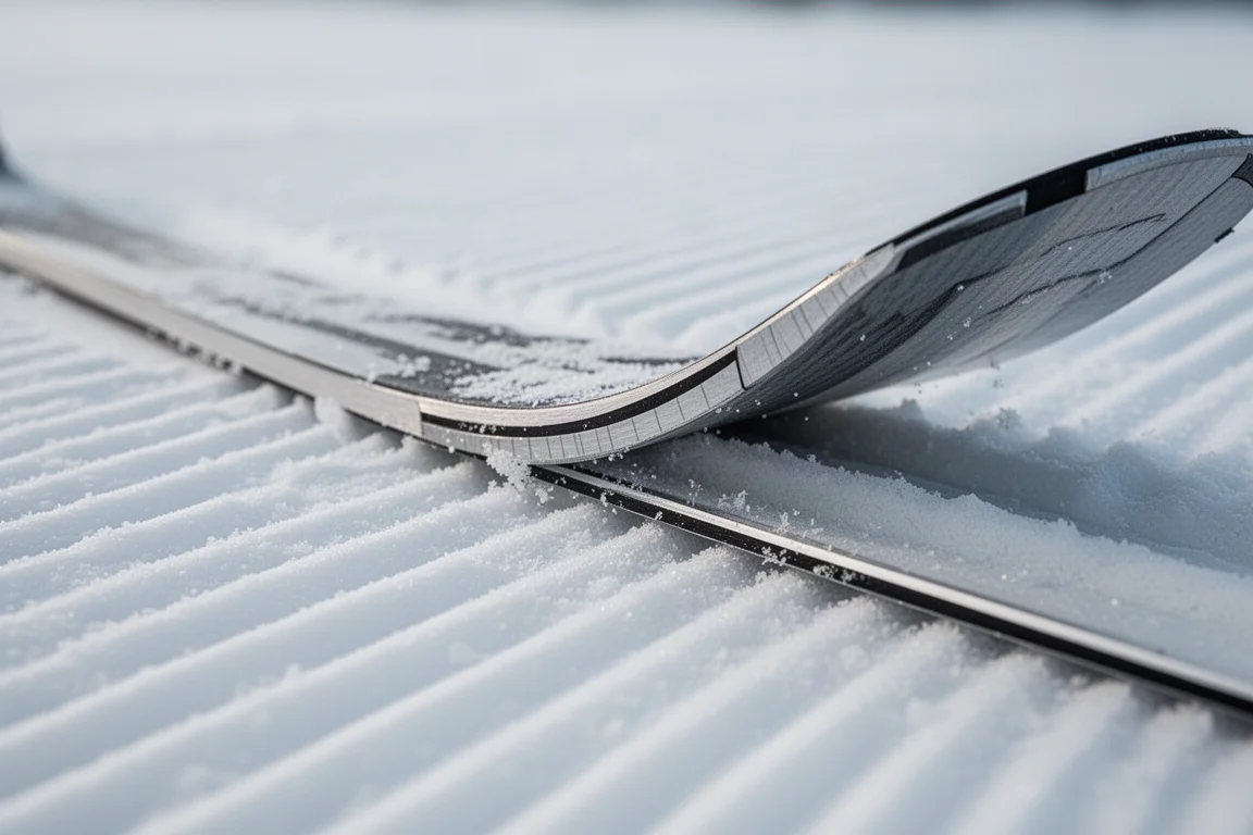 Low-angle detail of a ski edge and sidewall biting into groomed corduroy snow