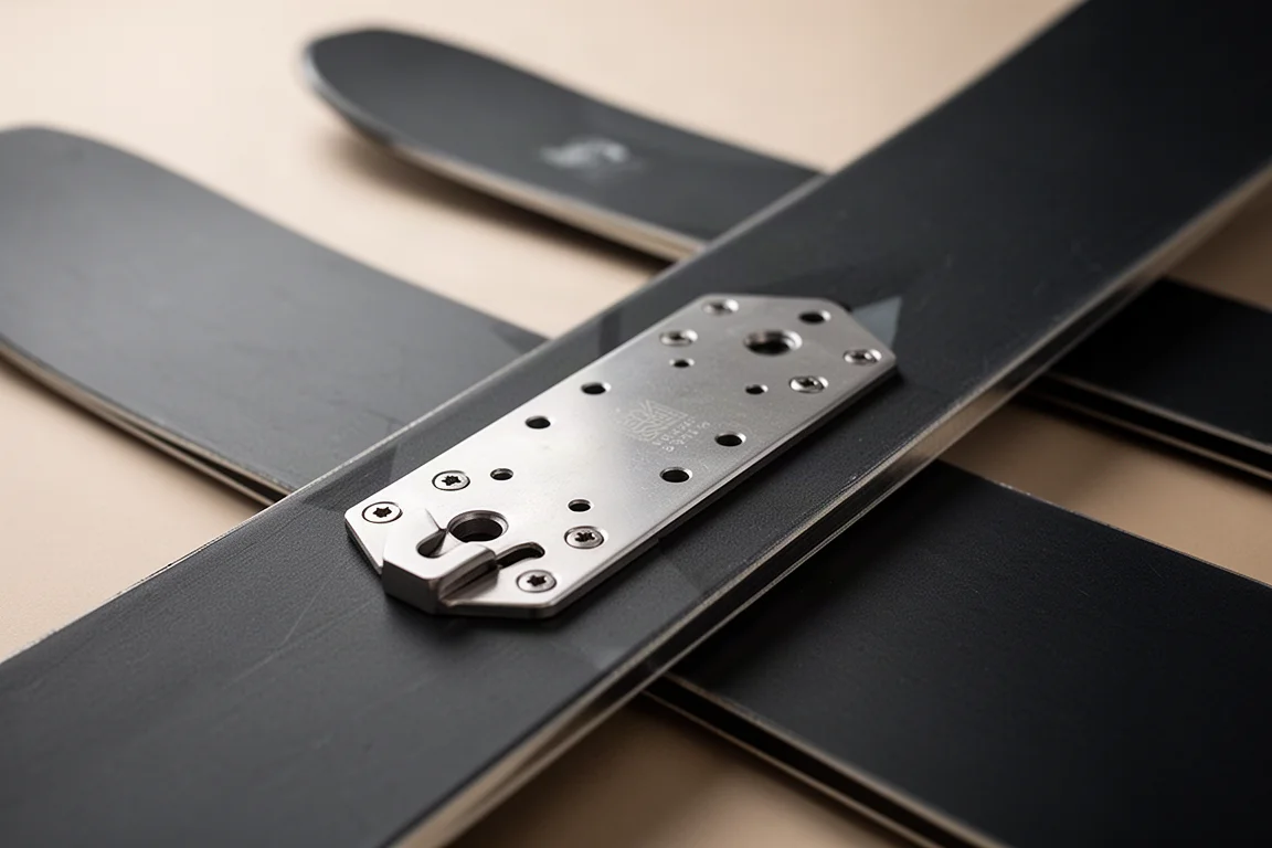 Close-up of a metal binding plate mounted on a ski topsheet with pre-drilled screws