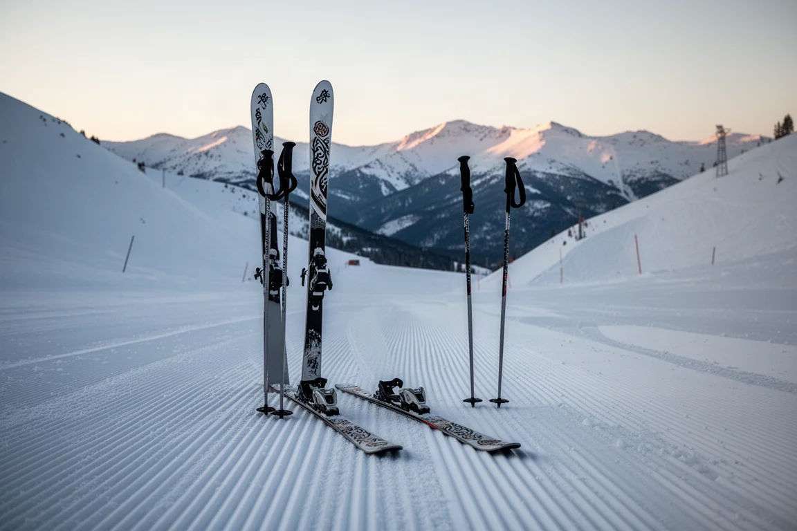Pair of carving skis and poles planted in a groomed frontside run at first light