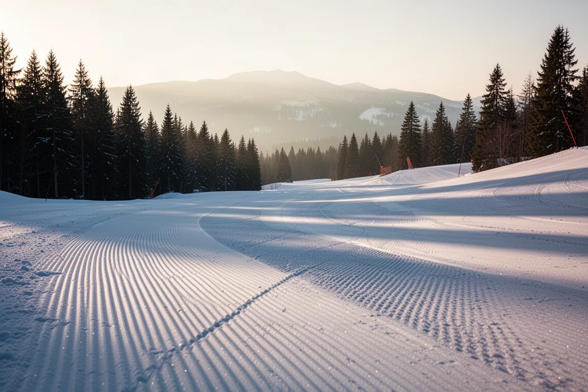 Pista de esquí recién preparada al amanecer con nieve acordonada y una cresta montañosa a lo lejos