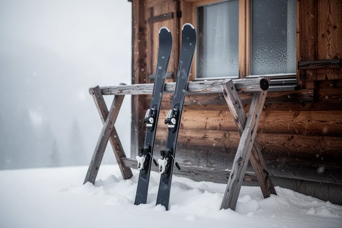 Par de esquís alpinos apoyados en un rack de madera frente a un refugio de montaña