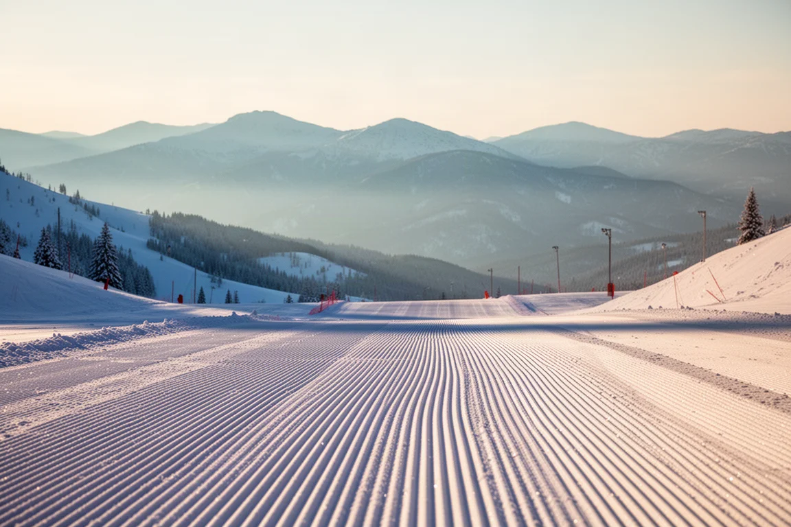 Freshly groomed corduroy ski slope at sunrise with mountain ridges behind