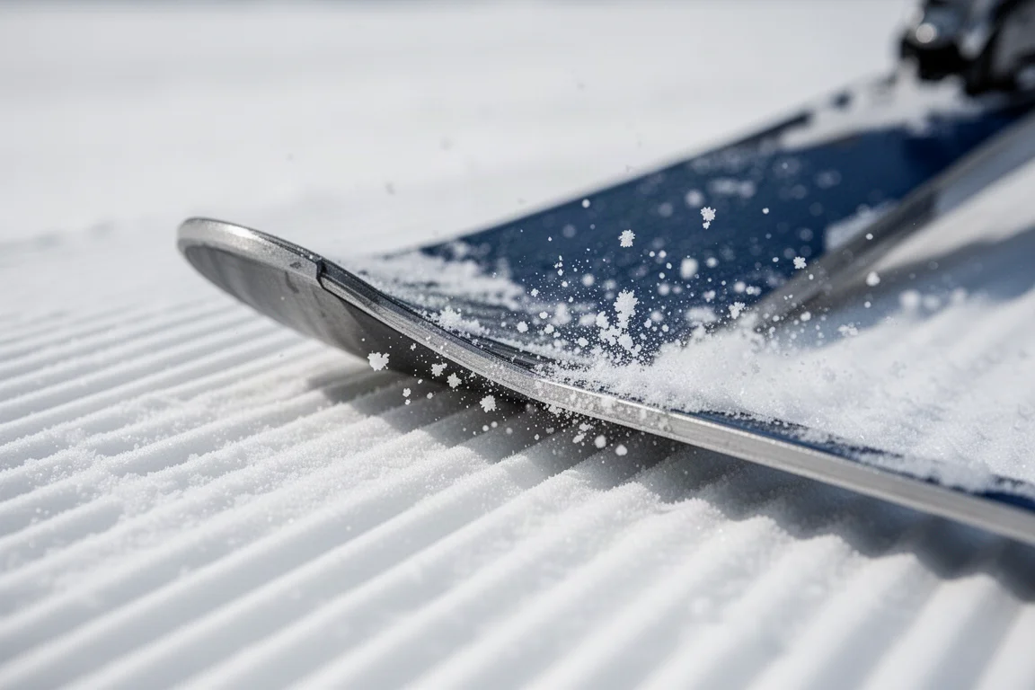 Close-up of a ski edge gripping hard groomed snow with steel edge visible