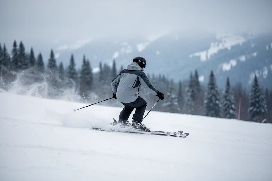 Skier mid-turn carving an arc on a groomed frontside run