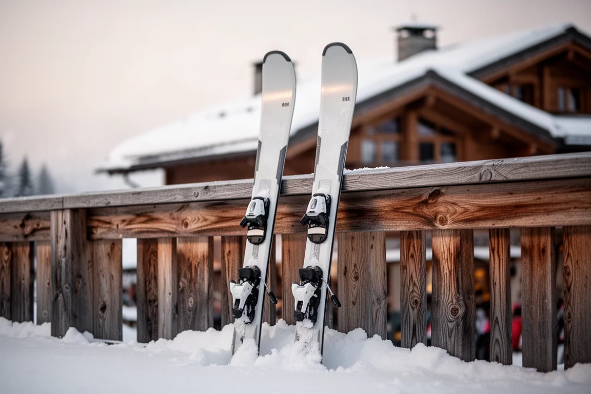 Pair of skis leaning against a wooden railing at a snowy resort base area