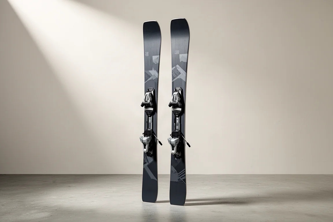 Pair of frontside carving skis standing upright with integrated bindings on a concrete floor