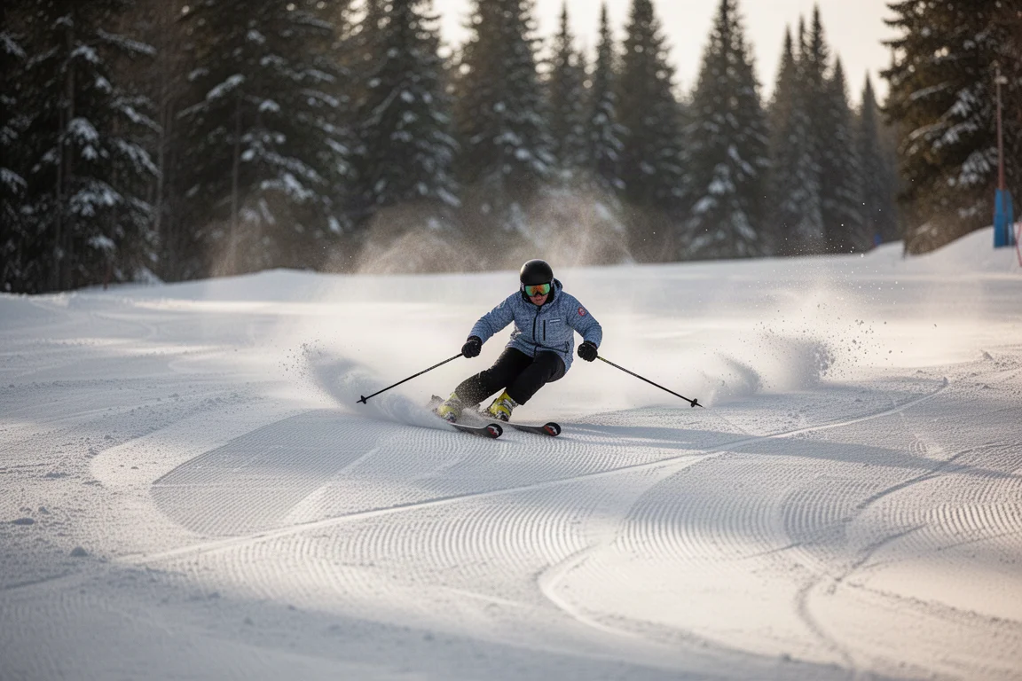 Expert skier carving short tight turns on a freshly groomed hardpack piste