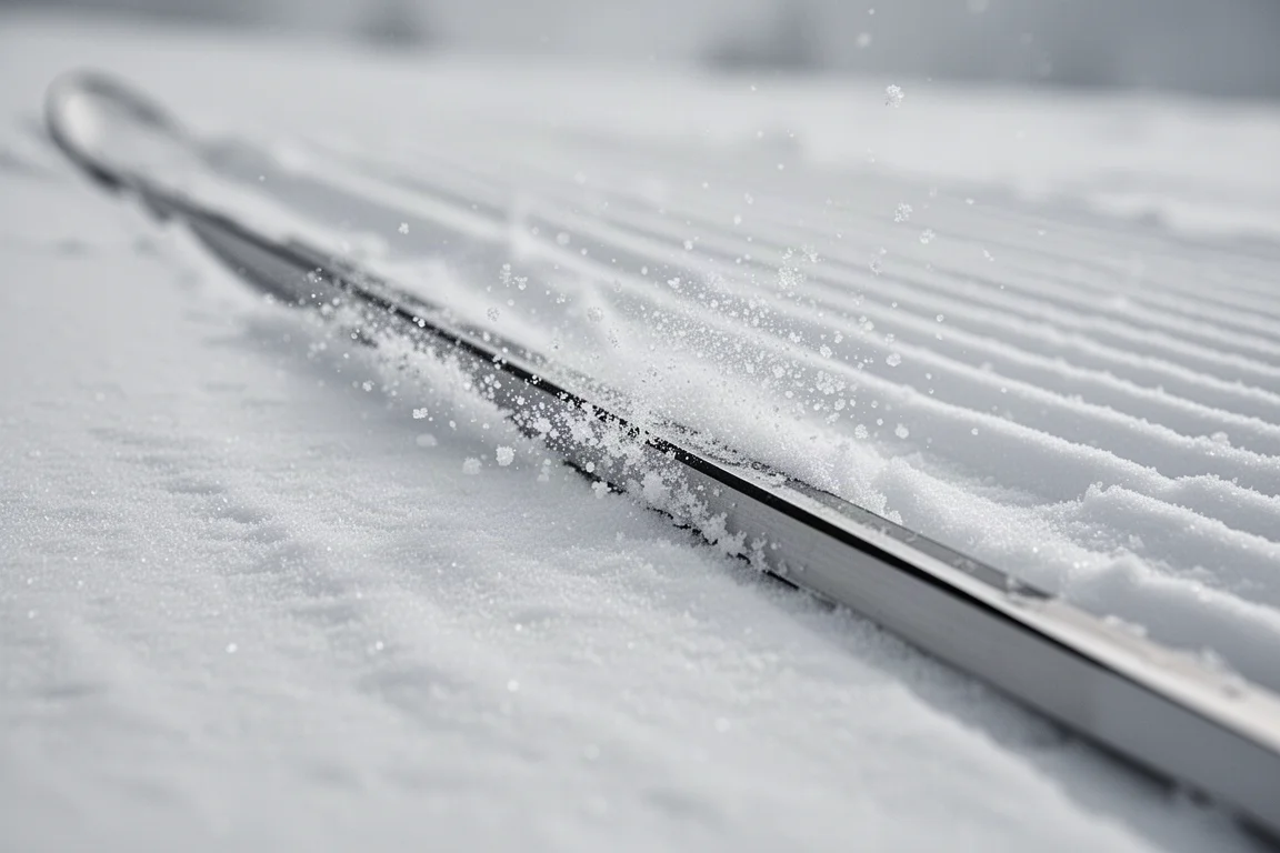 Close-up of a ski edge slicing a clean groove into firm groomed snow