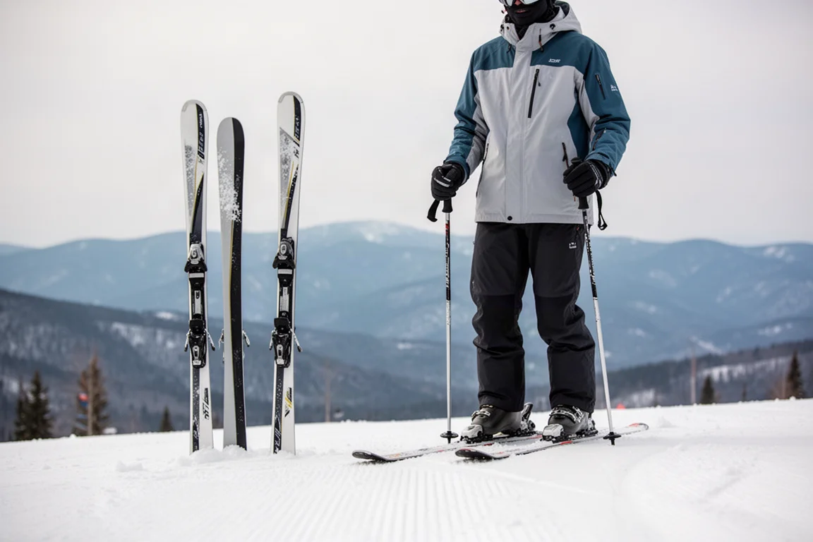 Skier at the top of a groomed run with narrow carving skis planted in the snow