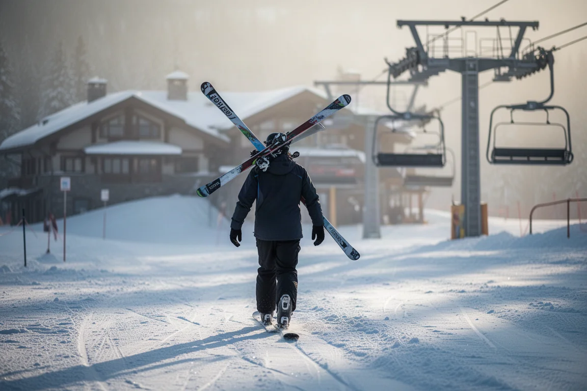 Skier carrying narrow carving skis toward a chairlift in early morning light