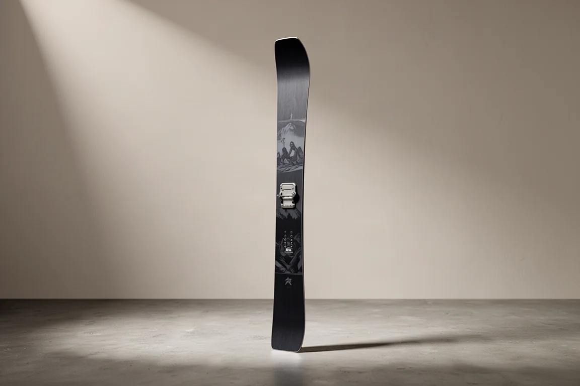 Narrow frontside carving ski standing upright on a matte concrete surface