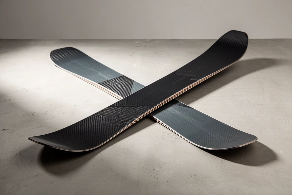 Wide freeride ski with a dark carbon topsheet resting on a concrete surface