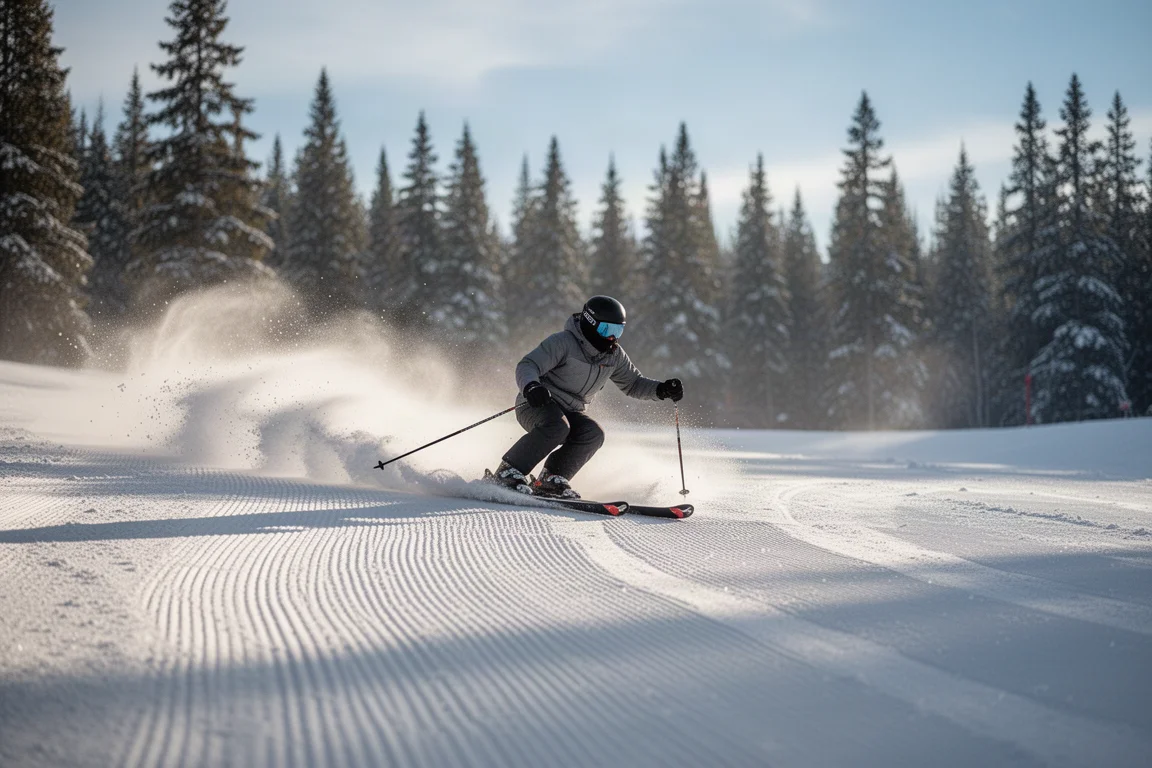 Gevorderde skiër die een geprepareerde piste carveert in zacht vroeg ochtendlicht