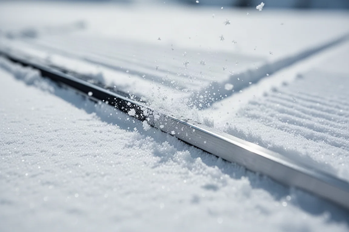 Close-up van een skirand die geprepareerde sneeuw grijpt met wegvliegende sneeuwkristallen