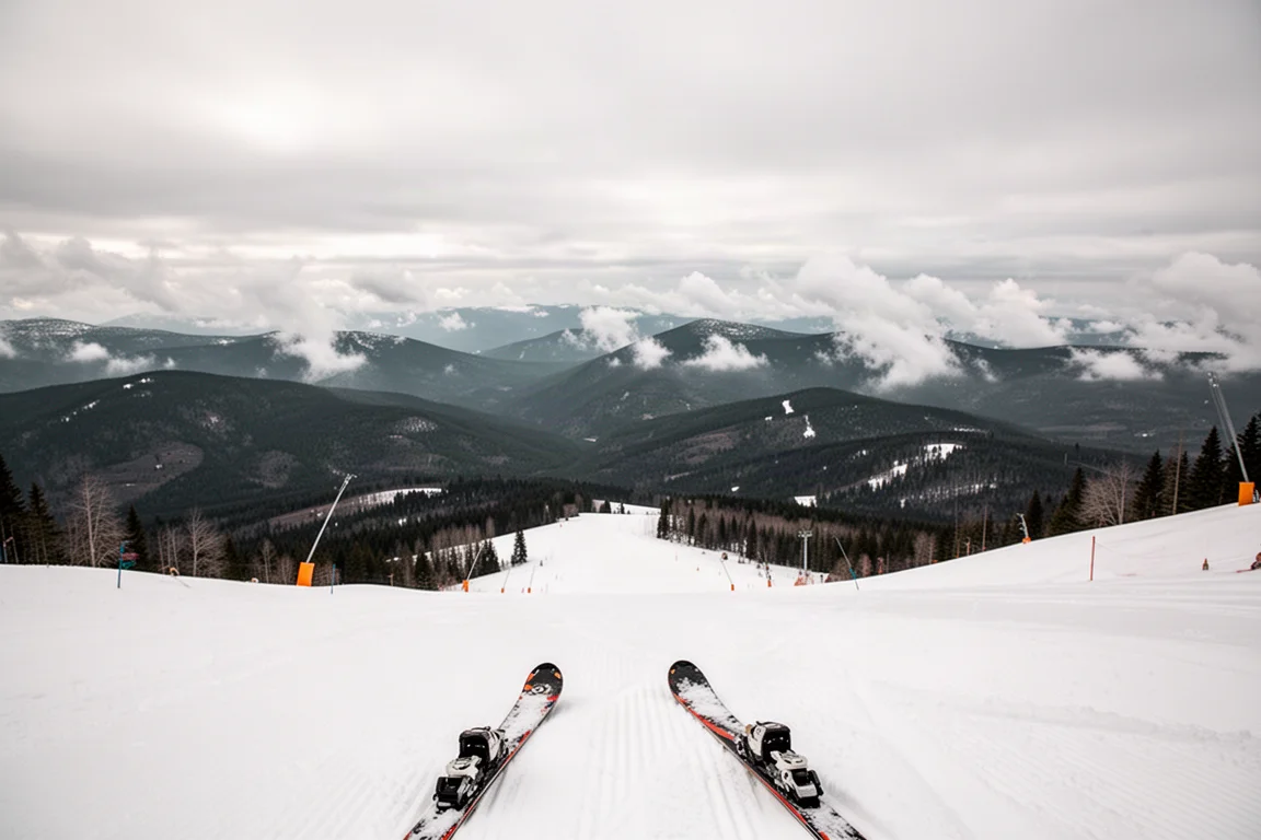 Skiër die bovenaan een geprepareerde piste staat met de ski-punten in beeld