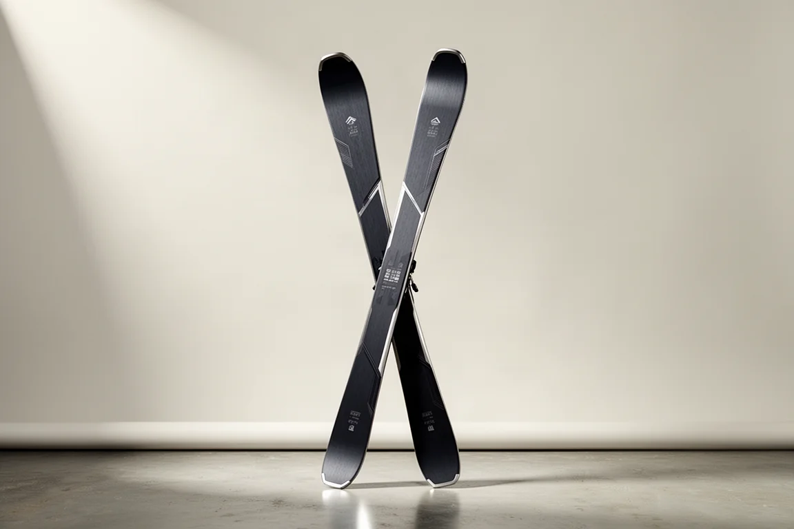 Paar all-mountain ski's rechtop staand tegen een lichtgrijze studio-achtergrond