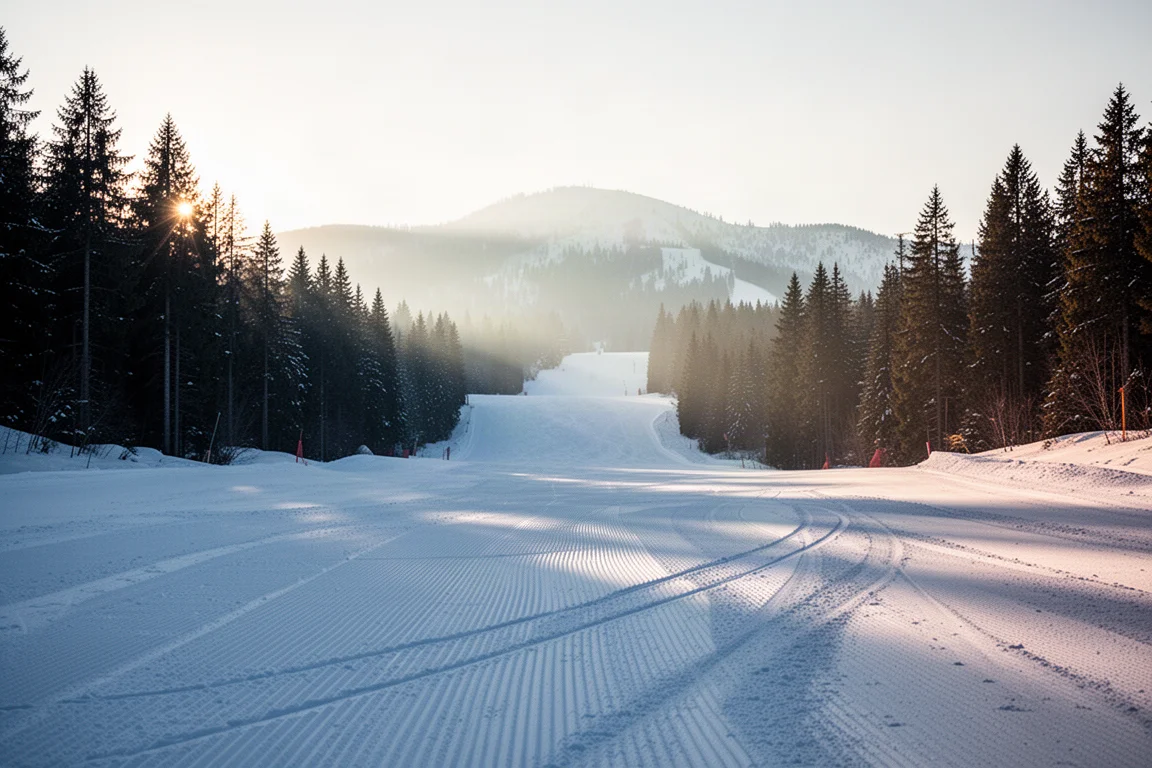 Sciatore che traccia una curva su una pista battuta con spruzzi di neve dietro le code