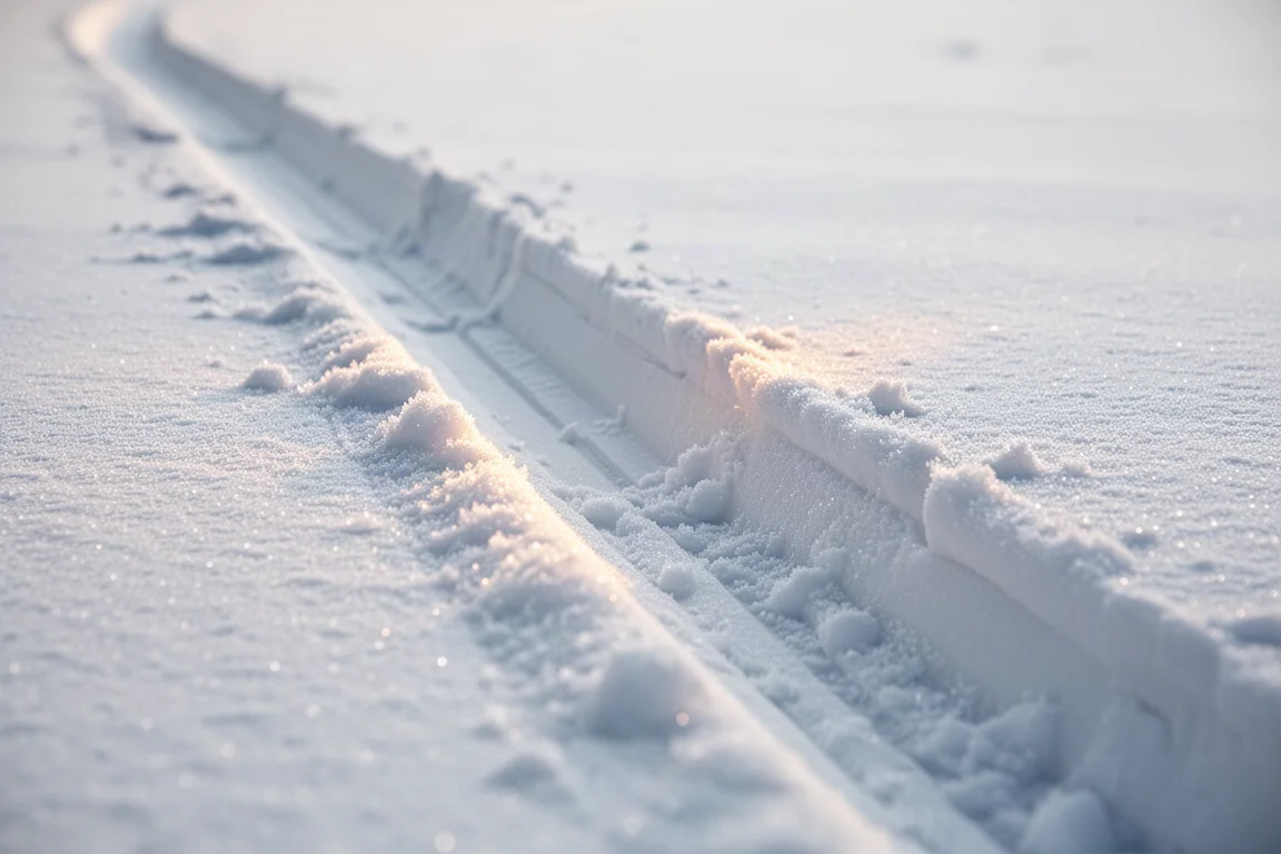 Primo piano di uno spigolo di sci che taglia la neve dura battuta