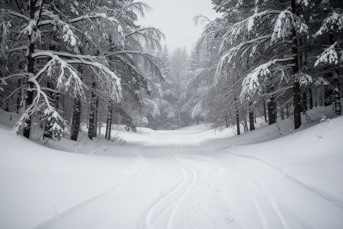 Sciatore che naviga un campo di gobbe in una giornata di neve fresca