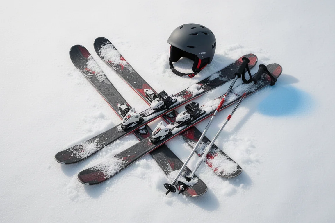 Sci all-mountain appoggiati a una rastrelliera di legno davanti a un rifugio innevato