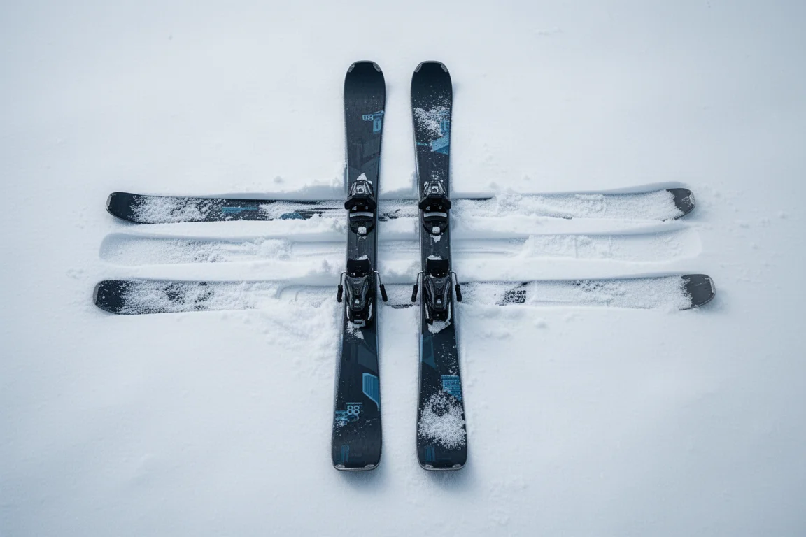 Two pairs of all-mountain skis side by side on snow for comparison