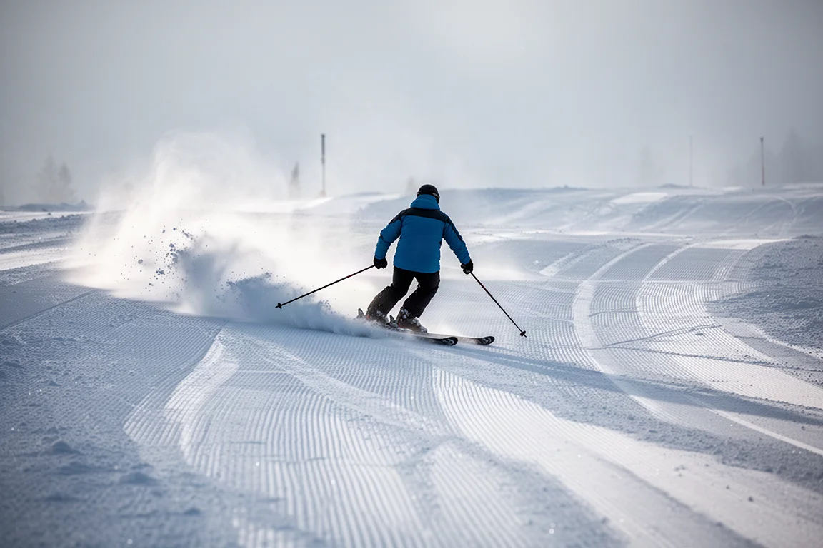 Skier carving clean turns on groomed hardpack in morning light