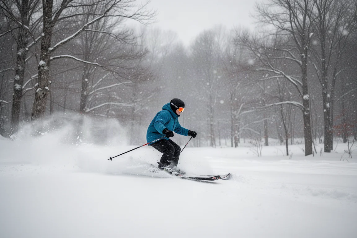 Skier initiating a quick turn in soft snow among open trees