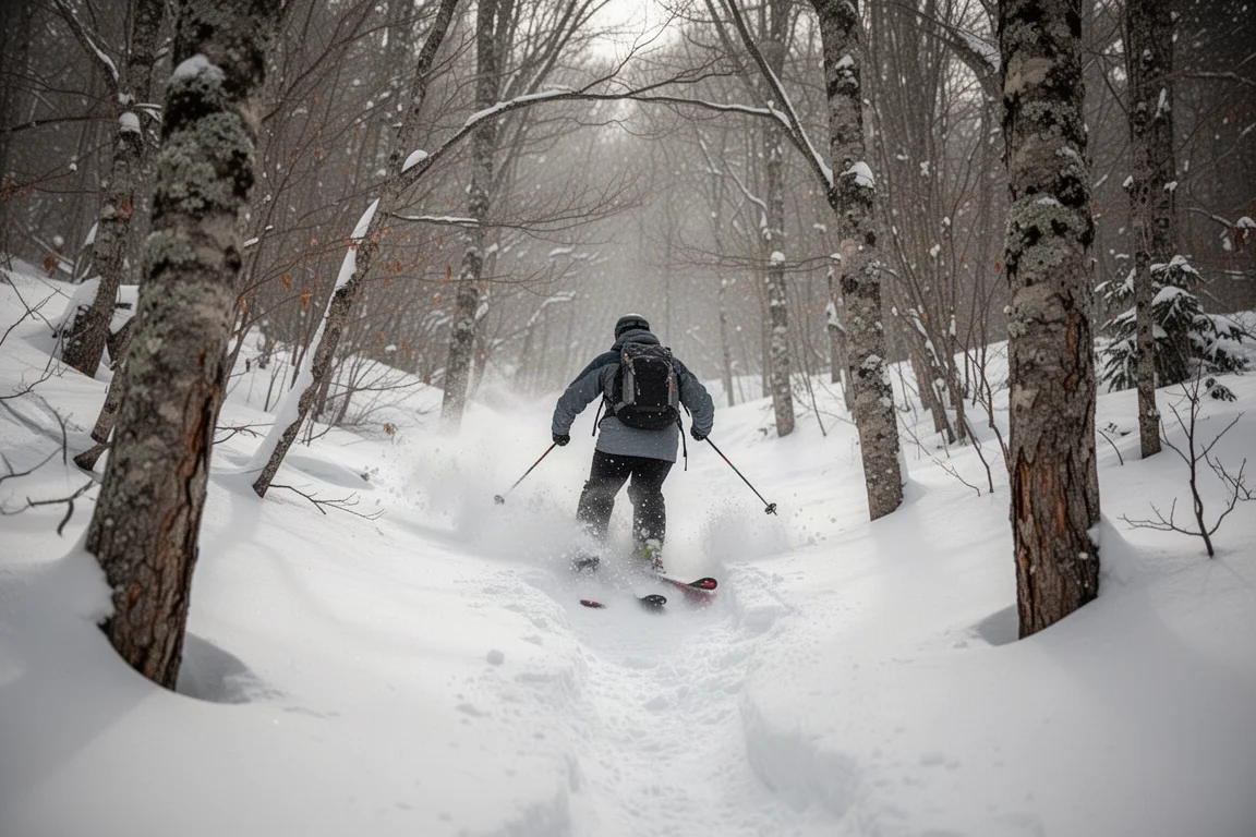 Skier weaving through trees and bumps on a narrow all-mountain line
