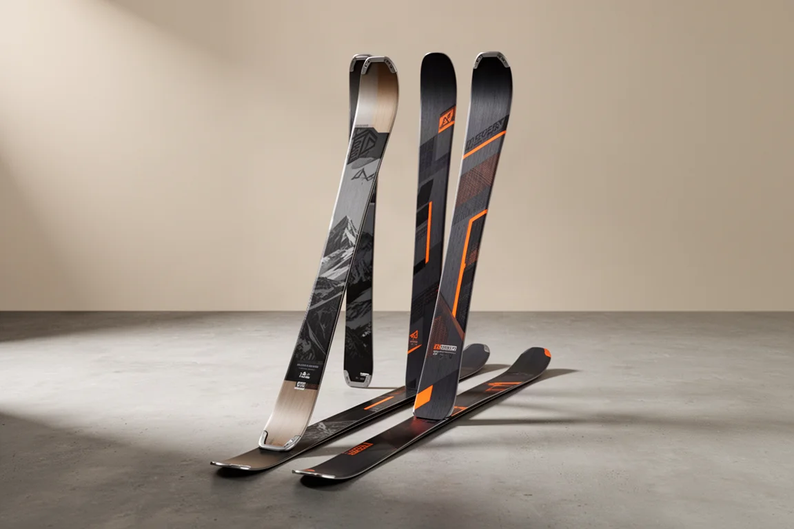Two pairs of narrow all-mountain skis standing side by side on a concrete surface