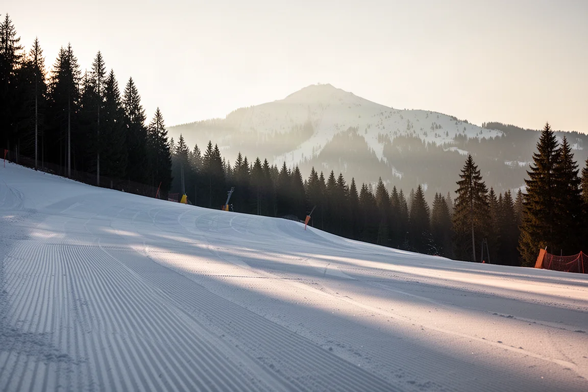 Leere, frisch präparierte Alpinpiste in der Morgendämmerung mit Waffeltexur und entferntem Bergkamm